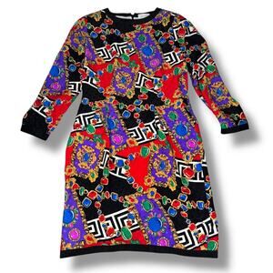 Vintage Adrianna Papell Dress 12 Red Gold Silk Baroque Chain Greek Key Colorful